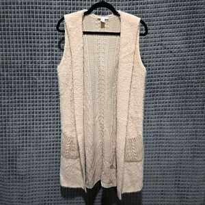 Long Hooded Duster Vest Cardigan Lg SOFT Fuzzy Faux Fur Baby Pink CableKnit Rich